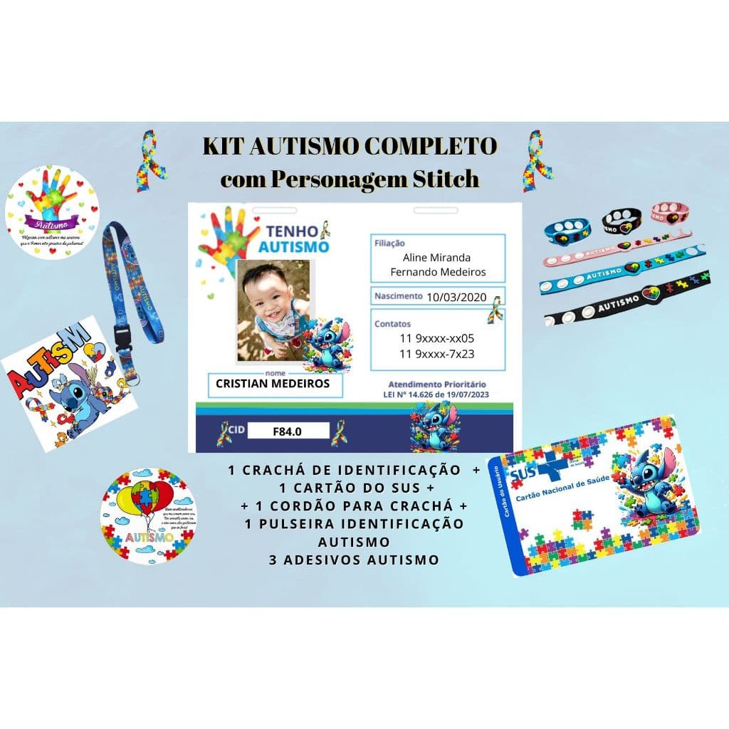 CRACHÁ AUTISMO DO STITCH+CARTÃO DO SUS STITCH TEA+CORDÃO+3 ADESIVOS AUTISMO+PULSEIRA AUTISMO/TEA Crachá Tag Escolar