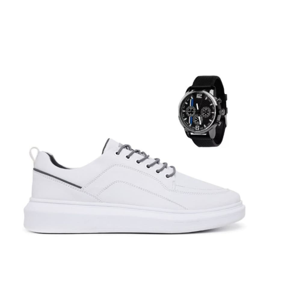 Kit Tênis+Relógio Branco Masculino Básico Casual Esportivo Confortável London