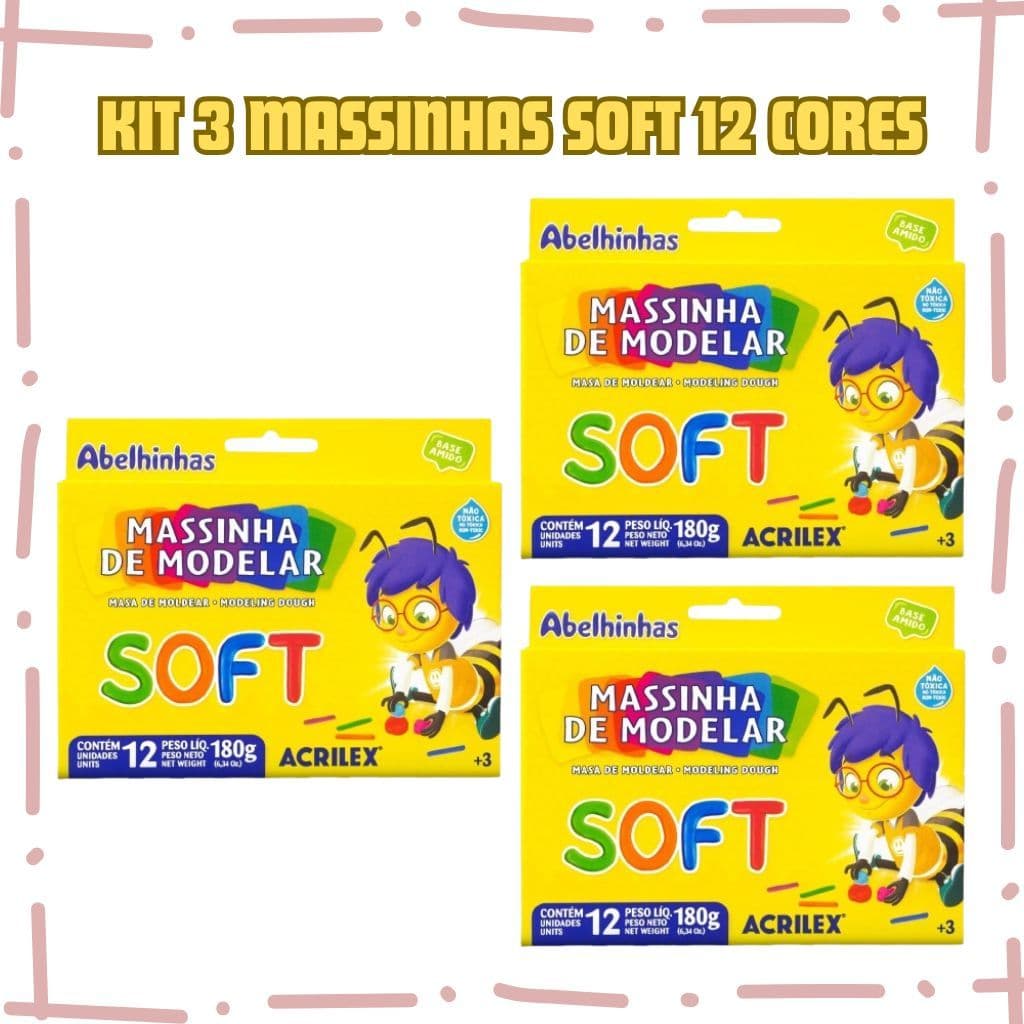 Kit 3 Massinhas Soft Escolar 12 Cores ACRILEX