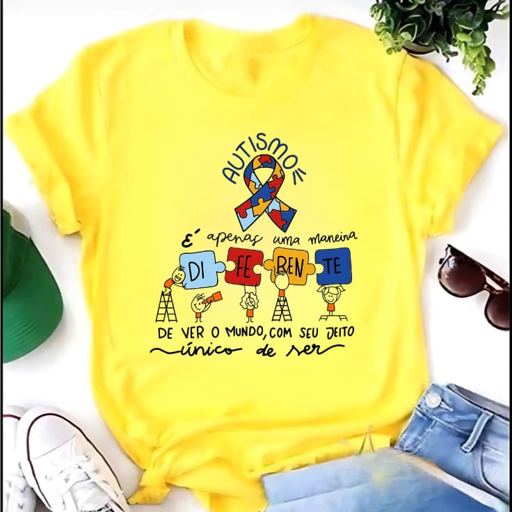 Bella Gis Camiseta Amarela Campanha Autismo Autista Respeito e Amor
