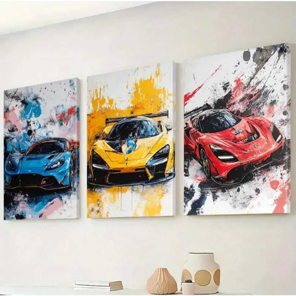 Quadro Decorativo 3 Peças Trio Carros Espotivos Corrida Cores Porche Luxo Sala hall Quarto