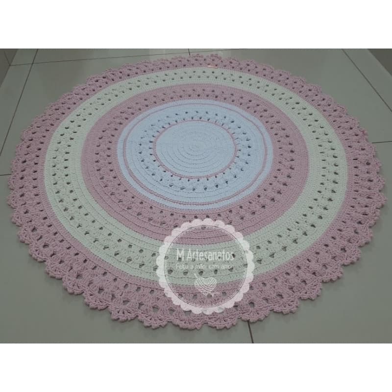 Tapete redondo de crochê quarto de bebê infantil rosa bebê off white e branco