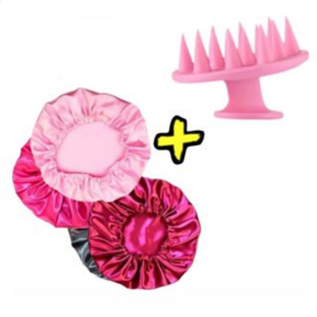 kit 1 escova massageadora + 2 touca de cetim - ante frizz - para dormir - couro cabeludo - massagem