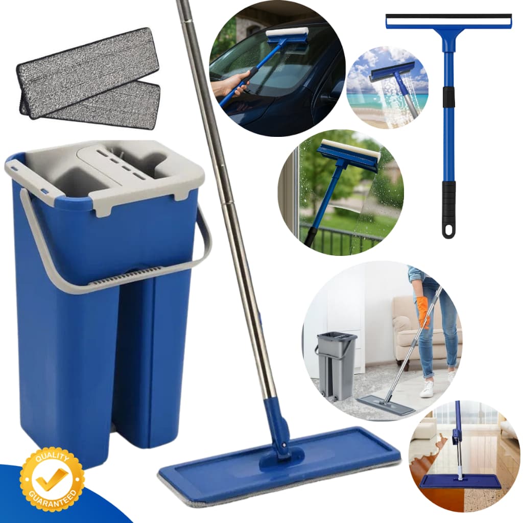 Mop Flat Balde Lava Seca Profissional + Rodo Limpa Vidros Sacada Janelas