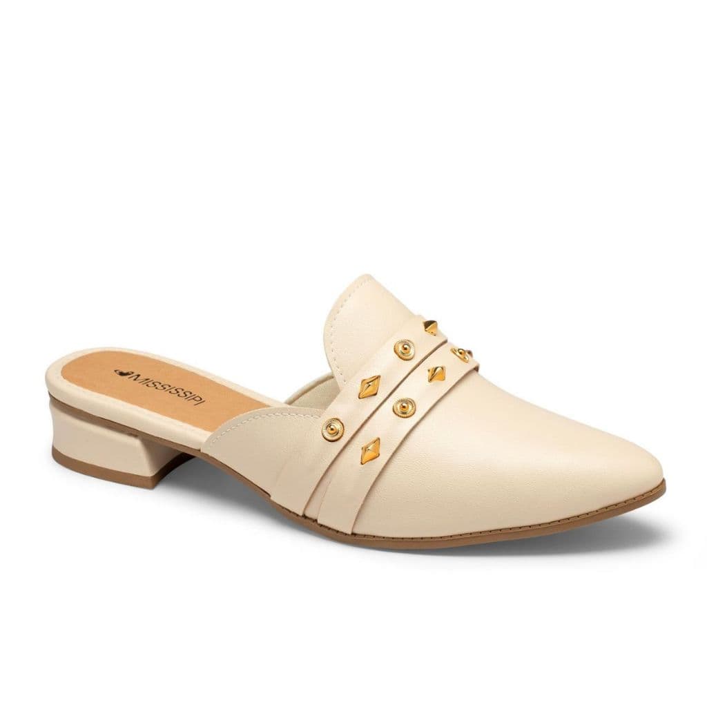 Sapatilha Feminina Mule Off White Tachinhas Bico Fino Saltinho Grosso Mississipi