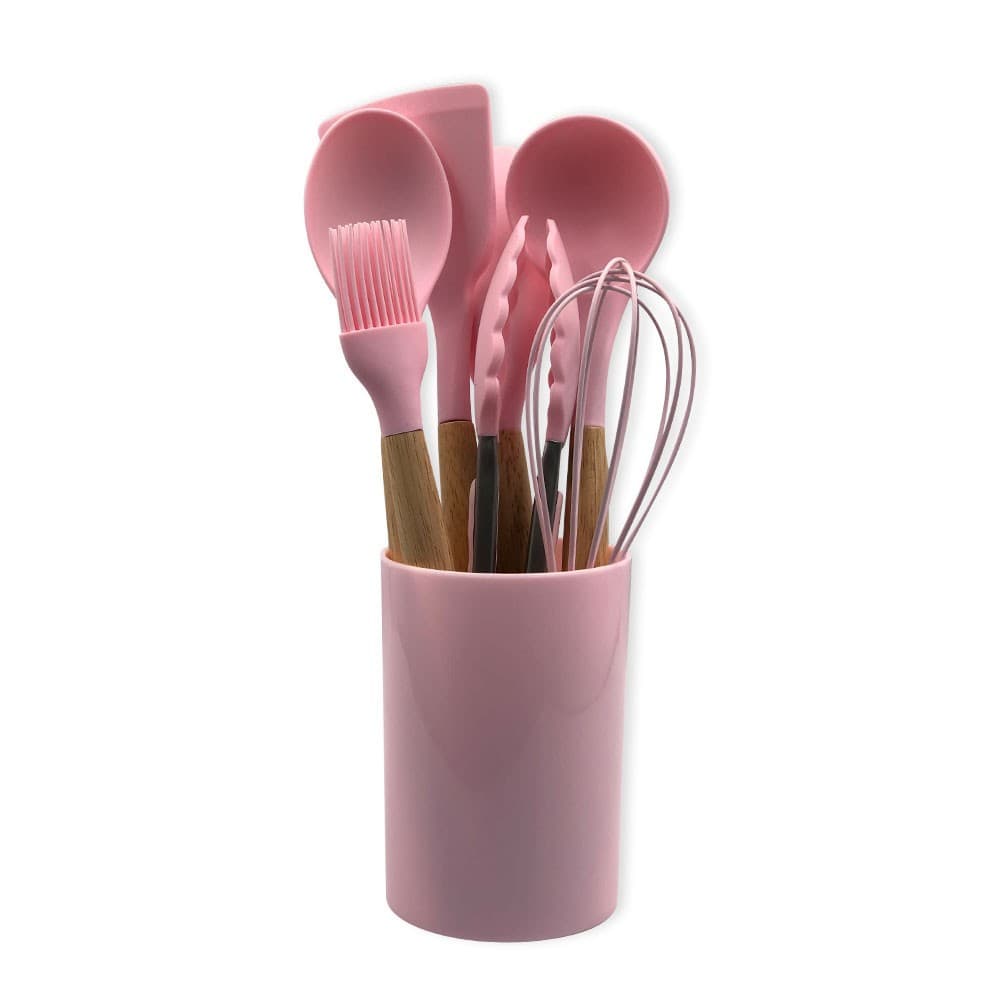 Kit Utensílios Silicone Rosa 8 Peças com Cabos de Madeira e Suporte Elegante - ENVIO IMEDIATO