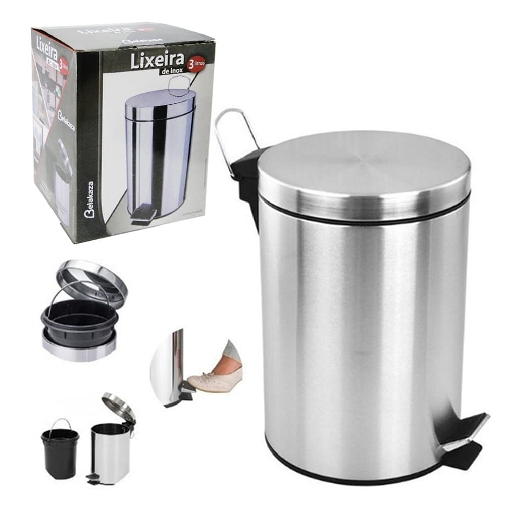 Cesto Lixo 3l Inox Cozinha E Banheiro Com Pedal Abre Tampa