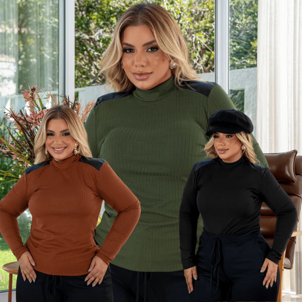Blusa Plus Size de Frio Segunda Pele Canelada Cacharrel Gola Alta