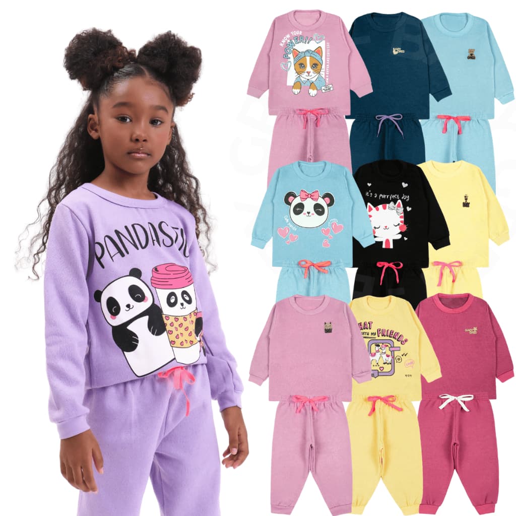 Kit 6 Peças Conjunto Roupa de Inverno Menina Estampado e Liso Blusa e Calça (3 conjuntos)