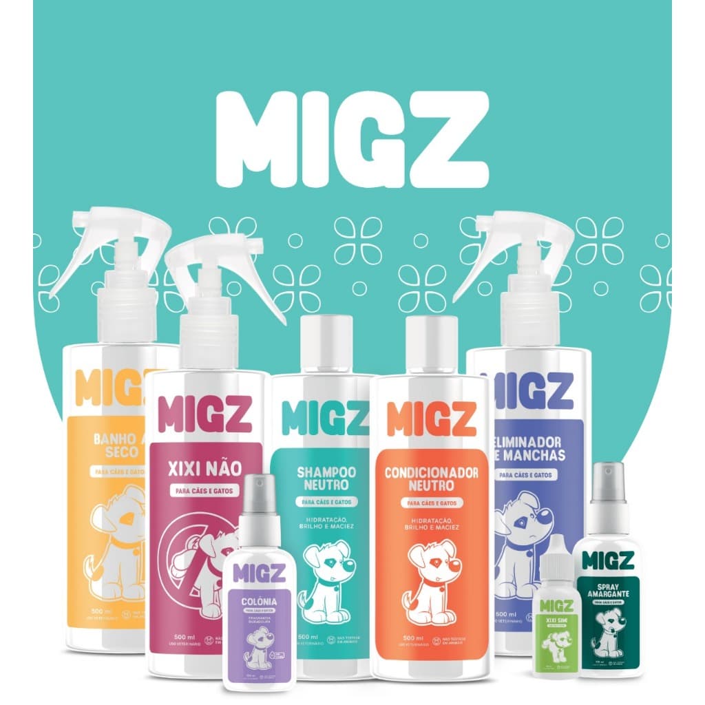 Linha Pet Migz - Shampoo, Condicionador, Banho Seco, Spray Amargante e Colônia