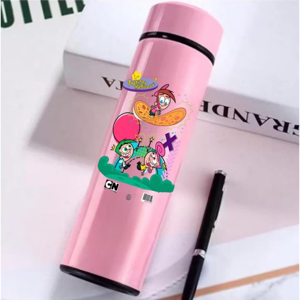 Garrafa Térmica Padrinhos Mágicos Infantil 500ML Com Termômetro Led Desenhos Animados