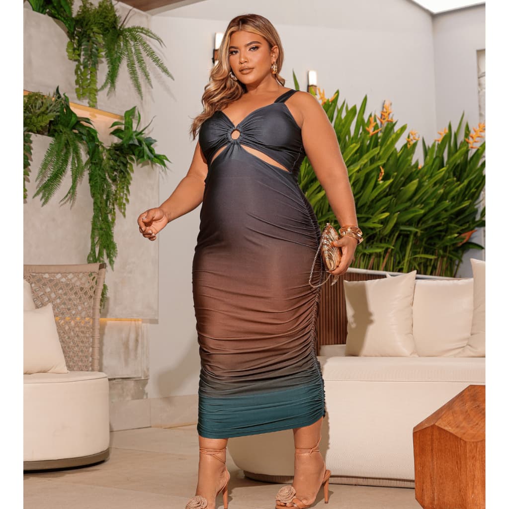Vestido Midi Feminino Franzido Degradê C/ Bojo Plus Size