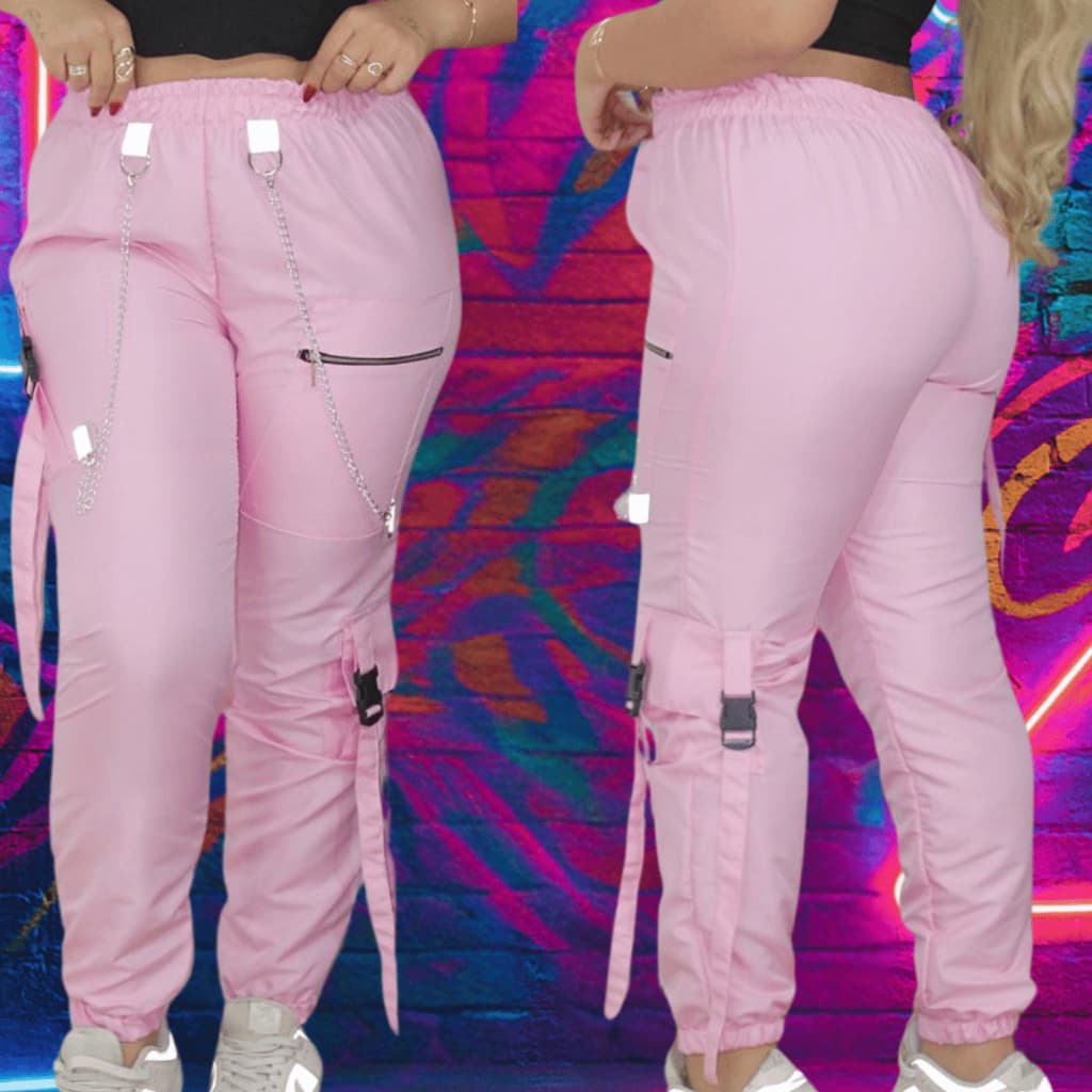 Calça Jogger muito estilosa Feminina – Tactel, Correntes Prateadas e Bolsos Secretos