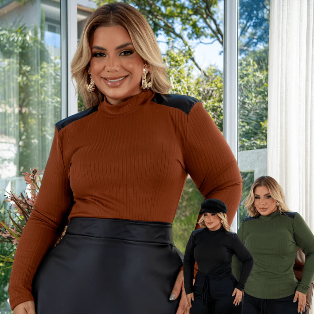 Blusa Plus Size Manga Longa Couro Sintetico Gola Alta Encorpada