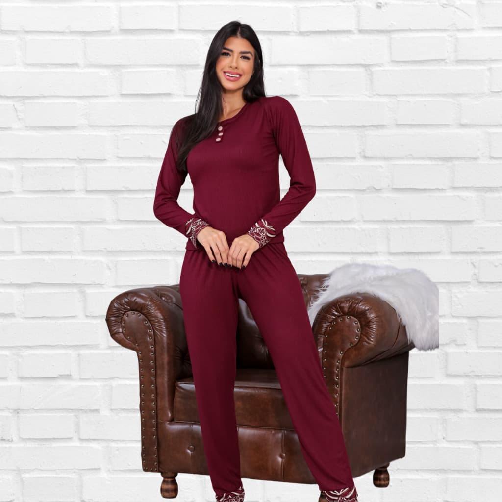 Pijama Feminino Longo Confortável Malha Canelada Manga longa