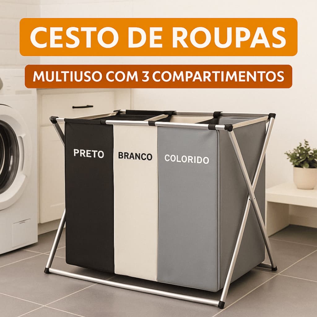 Cesto de Roupas Dobrável 3 Compartimentos Oxford Multiuso Roupa Suja Organização Lavanderia