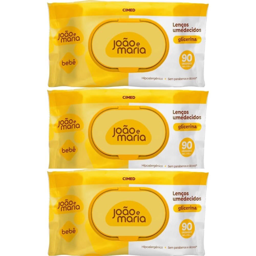 KIT 3UN LENÇOS UMEDECIDOS JOÃO E MARIA 90 LENÇOS CADA C/ FRAGRANCIA CIMED