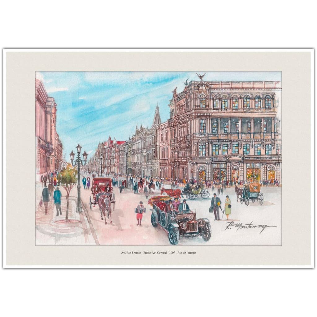 Av Rio Branco Então Av Central 1907 - Rio de Janeiro | Arte em Aquarela para Quadro Decorativo | A4