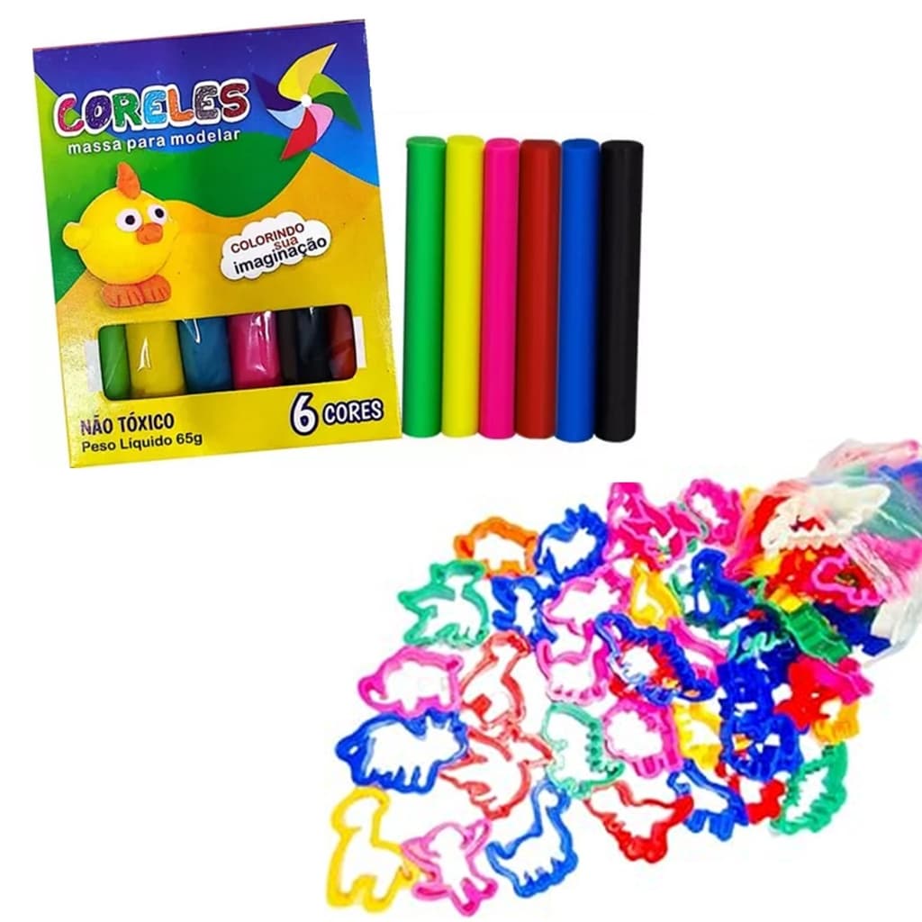 Kit 10 Massinha de Modelar + 20 Cortadores forminha Kit Festa Lembracinha Infantil Massa 6 cores