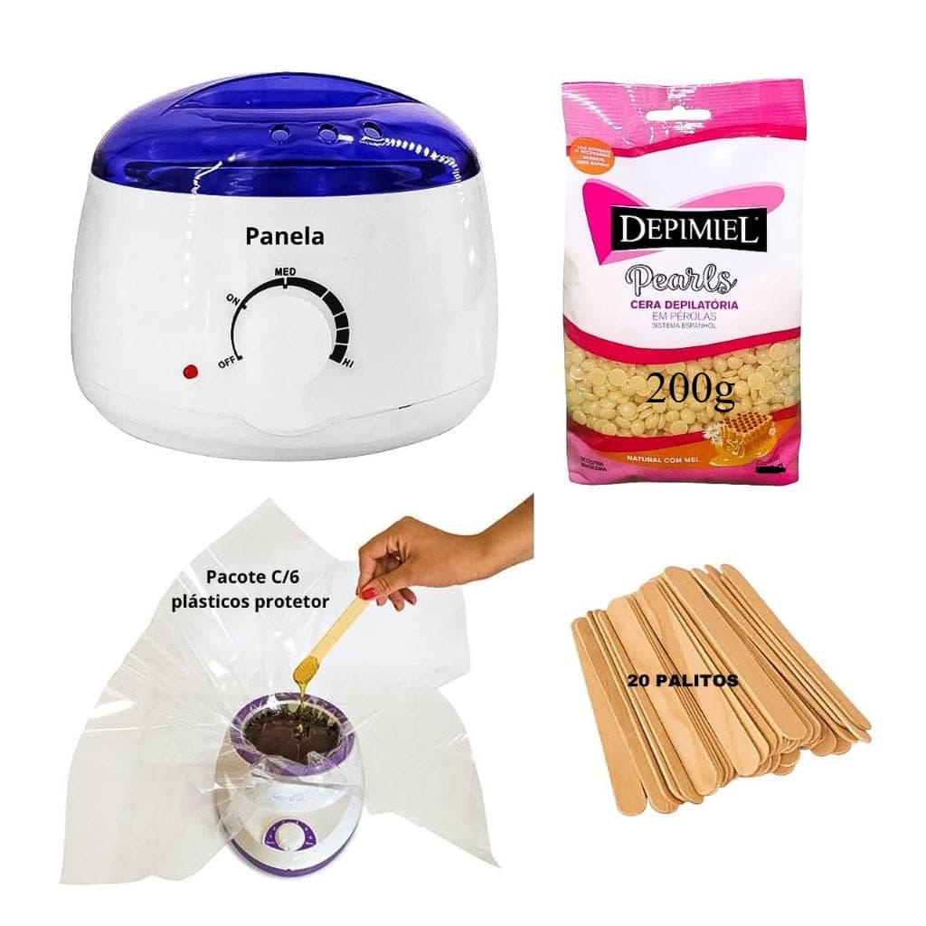Kit Aquecedor Cera Quente Panela Depiladora + Plastico Protetor + Cera 200g + Palito