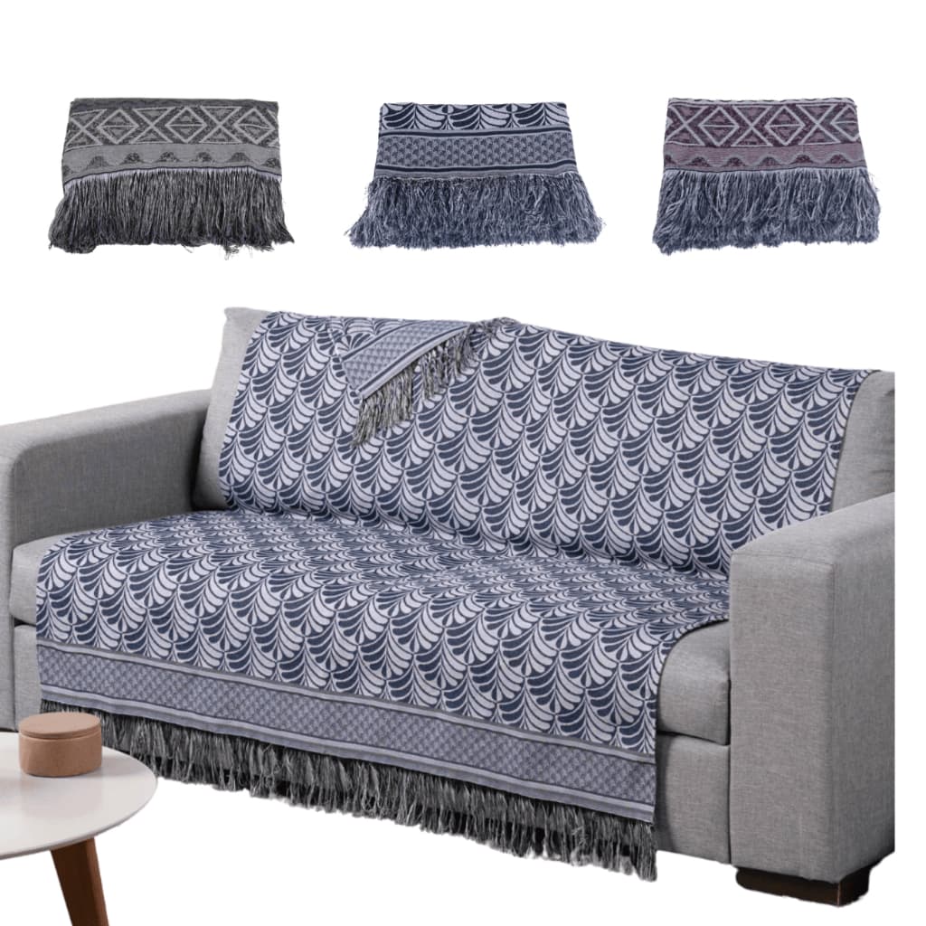 Manta para Sofá Azul com Franja 2,10x1,35m | Xale Luxor Jacquard Decorativo Sala Elegante