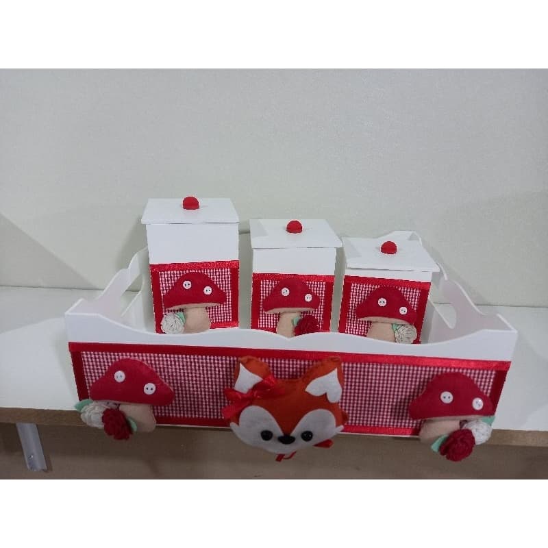 kit higiene mdf bandeja 3potes raposa cogumelo