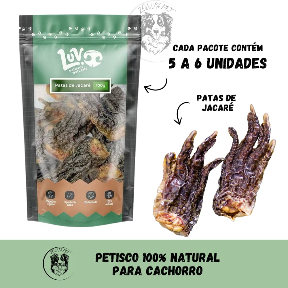 Petisco Natural Patas de Jacaré Desidratada 100g Cães e Gatos LUV Petiscos 100% Naturais Mastigável