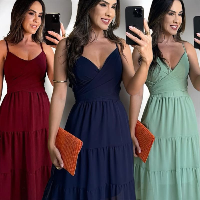 vestido longo decote V amarração na costa