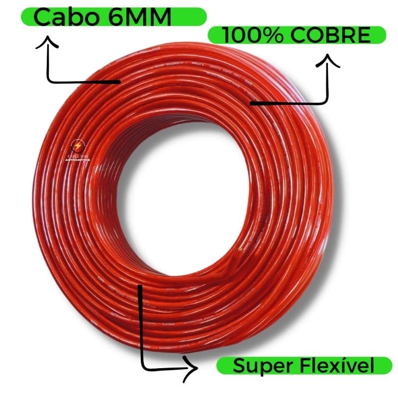 Cabo Fio Flexível 6mm Rolo 5mts Vermelho Som Automotivo p/ Alto Falantes Módulo