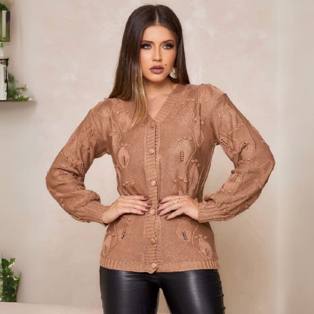 Casaco Inverno Cardigan Casaqueto Tricot Modal Inverno Mangas Longas Bufantes com Punhos Ajustados  Botões Encapados