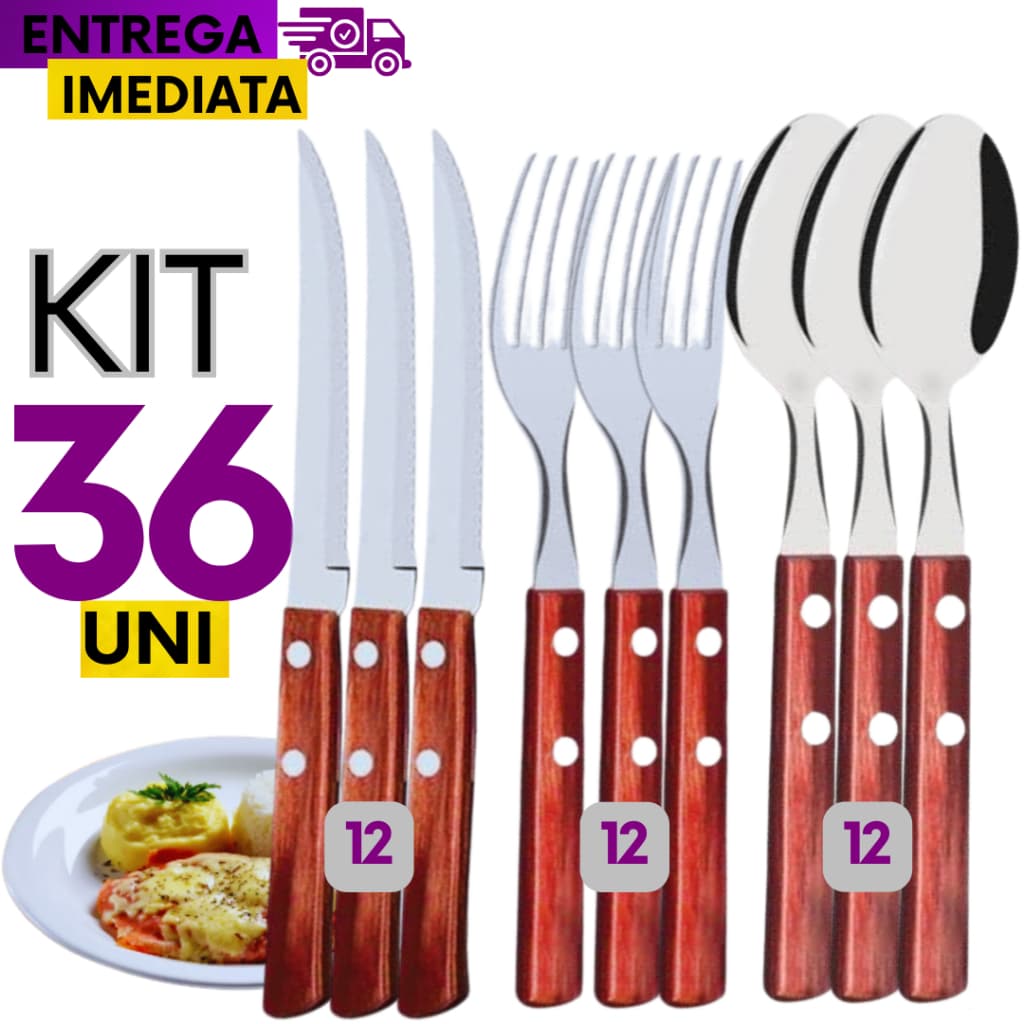Conjunto 36 Peças  Talher 12 Colher 12 Garfo 12 Faca de Inox com Cabo de Madeira Faqueiro Jogo Conjunto Linha Premium