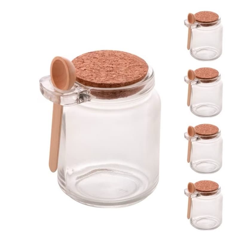 Pote de Vidro com Colher em Bambu e Tampa Rolha 250ml - Saleiro e Porta Condimento (3unidade)