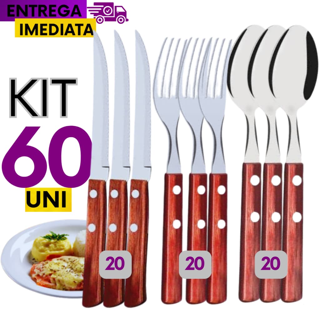 Kit 60 Talher - 20 Colher 20 Garfo 20 Faca de Inox com Cabo de Madeira Faqueiro Jogo Conjunto Linha Premium