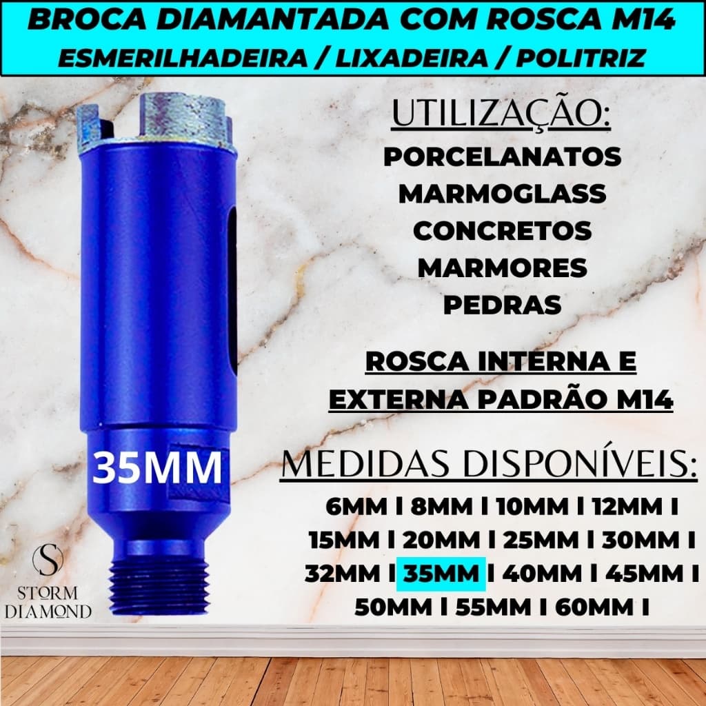 Broca Serra Copo Diamantada 35mm Rosca M14 Esmerilhadeira Furar Porcelanato Mármore Granito Pedras