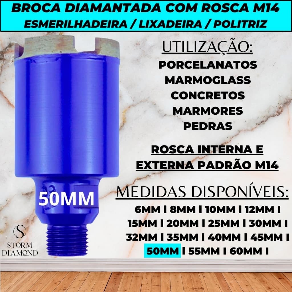 Broca Diamantada 50mm Altura 10cm Rosca M14 Esmerilhadeira Furar Porcelanato Mármore Granito Pedras