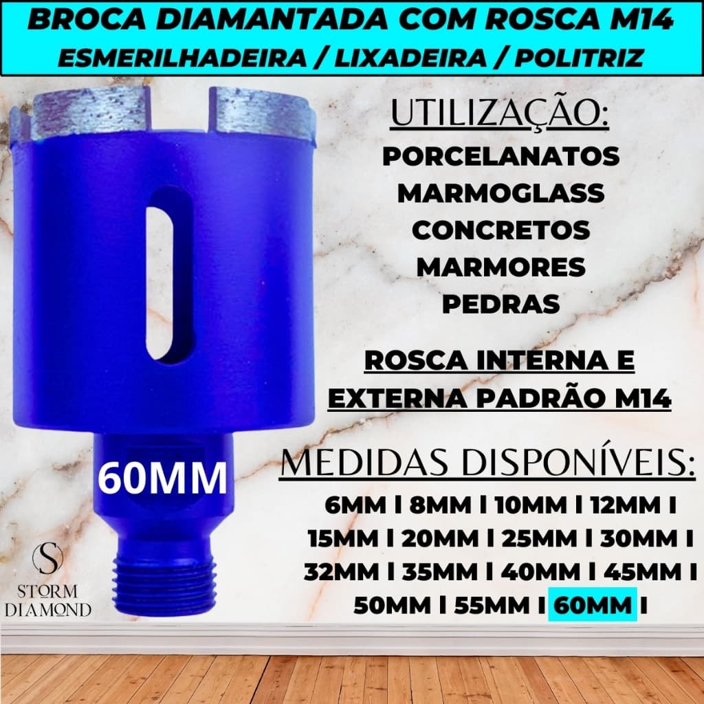 Broca Diamantada 60mm Altura 10cm Rosca M14 Esmerilhadeira Furar Porcelanato Granito Mármore Pedras