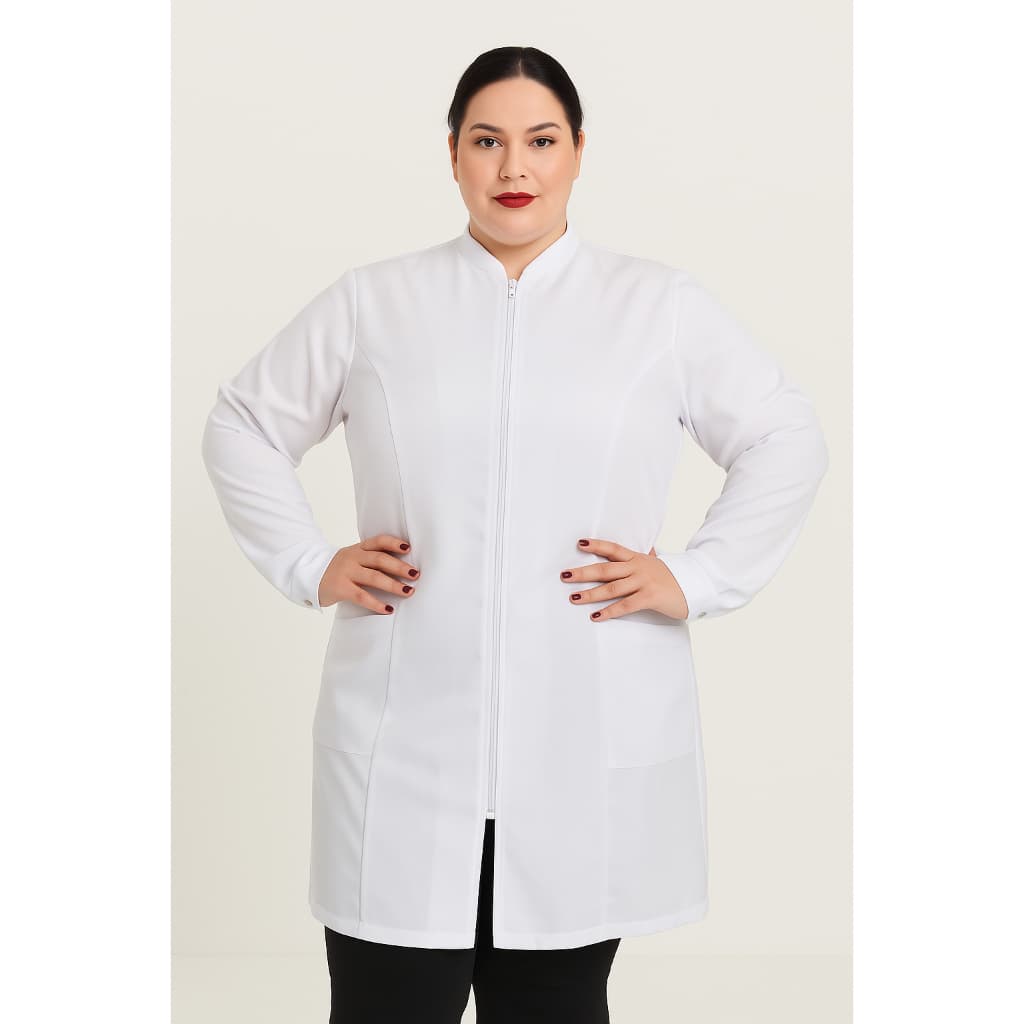Jaleco Feminino PLUS SIZE Oxford Acinturado Zíper Gola Padre Manga Longa Estudante Profissional
