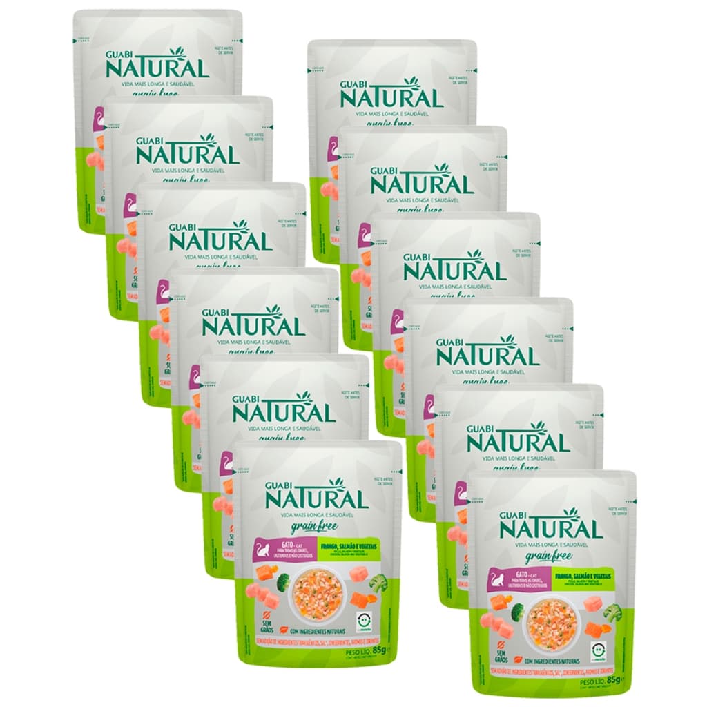 Sachê Guabi Natural Gatos Grain Free Frango Salmão e Vegetais 85g Ração Úmida 12 Unidades