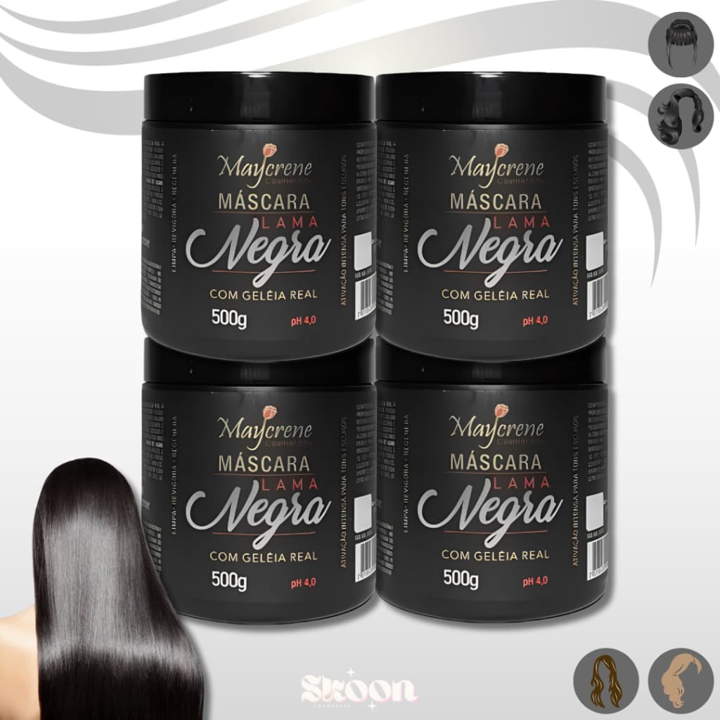 Kit 4 Máscara Lama Negra Ativadora de Tons Escuros Máscara Capilar Hidratante Maycrene 500g