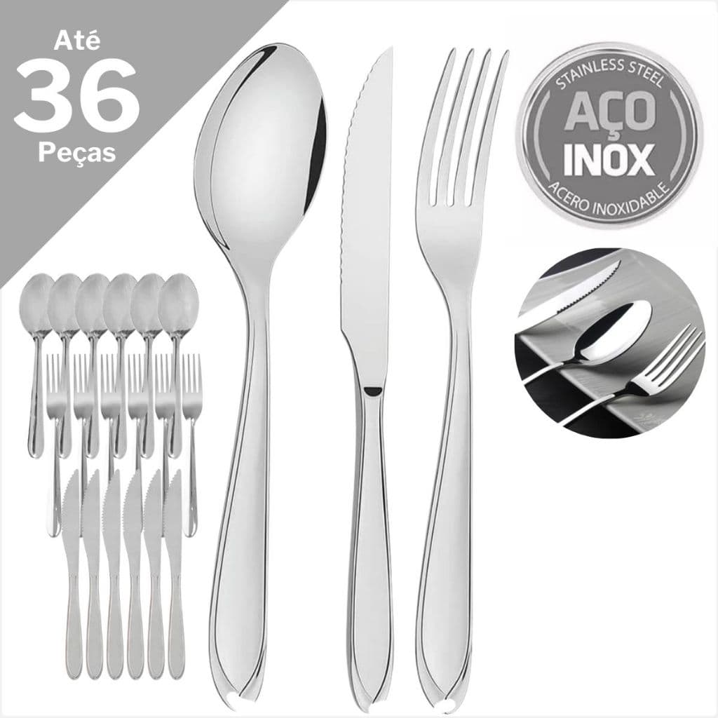 Conjunto de Talheres Aço inox Premium 18 ou 36 peças Colher Faca Garfo de mesa para Buffet Restaurante resistente