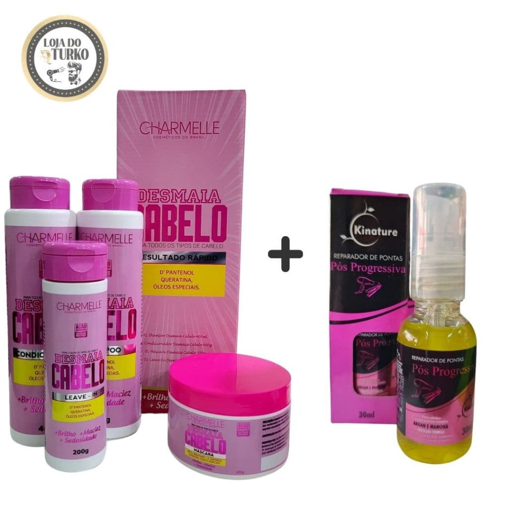 KIT LISO PERFEITO - KIT DESMAIA CABELO CHARMELLE + ÓLEO REPARADOR DE PONTAS PÓS PROGRESSIVA KINATURE