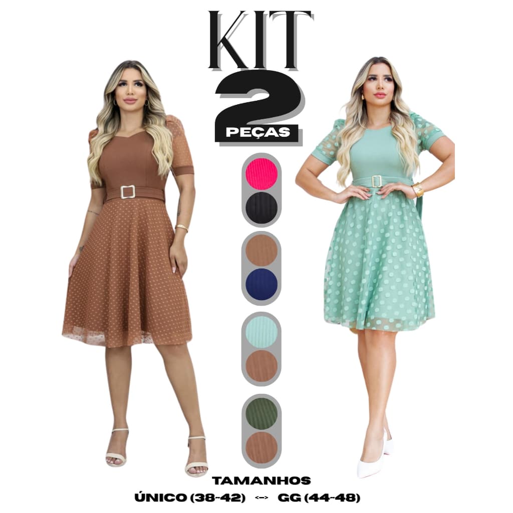 Kit 2 Vestido Mídi Manga Princesa tule Poa Forrado Canelado com Cinto no Meio Moda Evangélica Brasil
