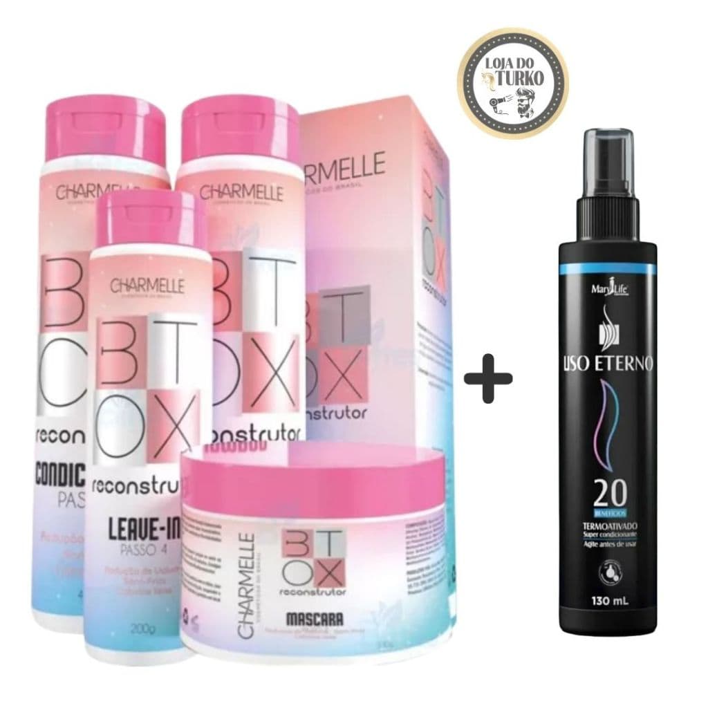 KIT PARA LISOS - KIT CAPILAR BTOX RECONSTRUTOR CHARMELLE + SPRAY TÉRMICO LISO ETERNO MARY LIFE