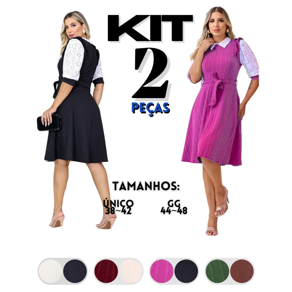 Kit 2 Vestido Vestido Mídi Rodado Babado no Ombro Gola Flat Manga Princesa 3/4  com Laço na Cintura