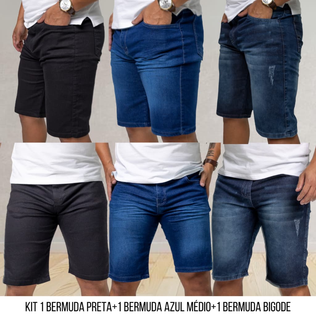 Kit Trinca de Ouro 3 Bermudas Jeans Masculinas Lycra Elastano Casual Premium Original Presente Homens