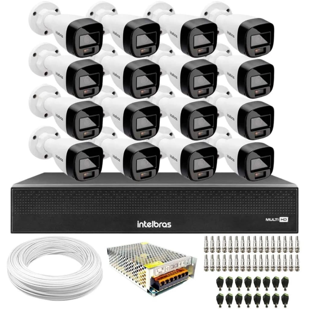 Kit 16 Câmeras Intelbras VHD 1220 B  Full Color Bullet Full HD 1080p Multi HD IR 20m + Dvr Intelbras MHDX 1116-C 16 Cana