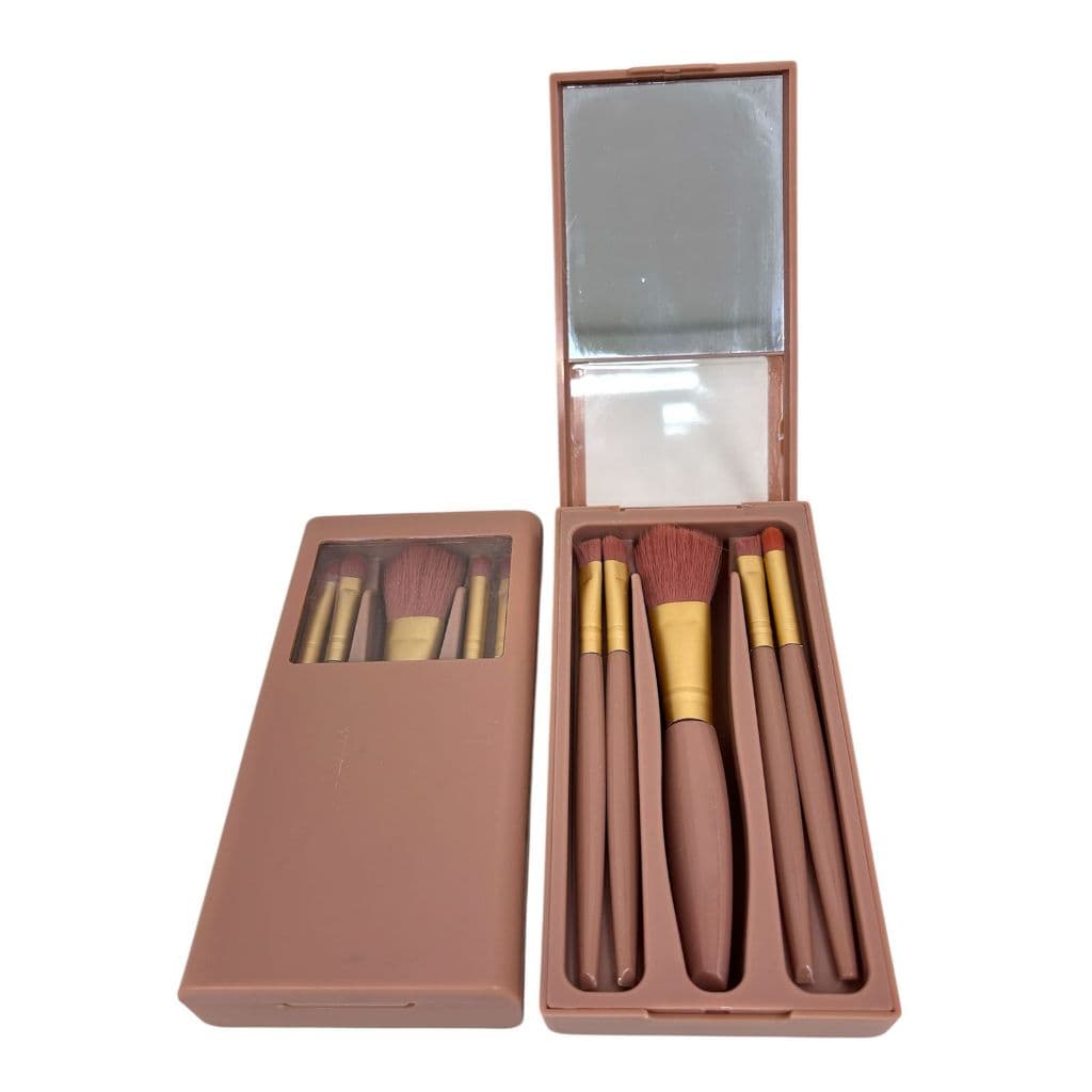 Kit com 5 Mini Pincéis de Maquiagem com Estojo e Espelho(MARROM)