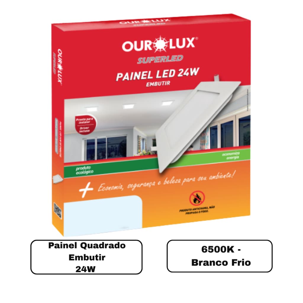 Painel 24W Embutir Quadrado Bivolt 6500K Branco Frio – Ourolux