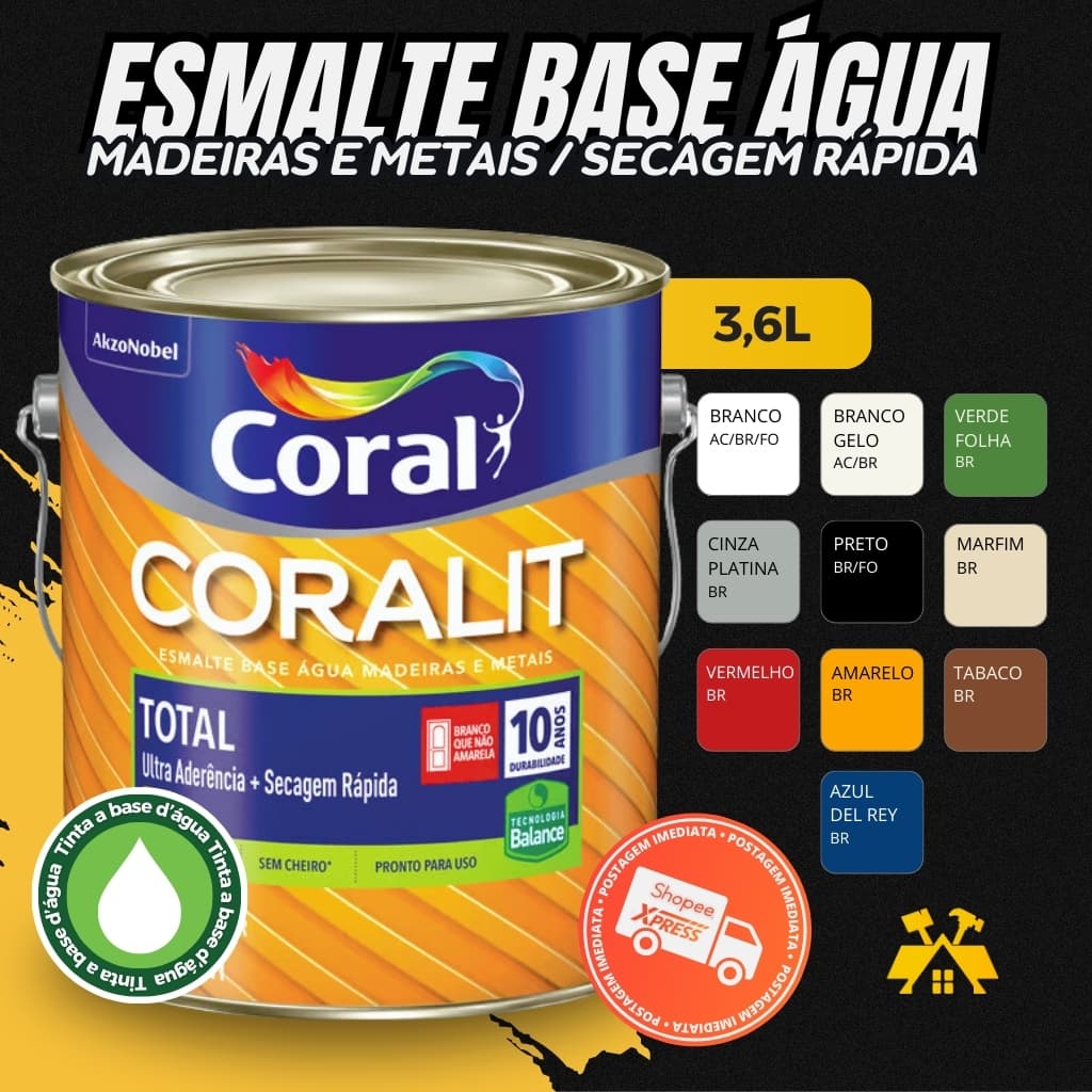 Tinta Esmalte Sintético Coralit Total Balance Premium Base Água 3,6L Exterior e Interior Coral