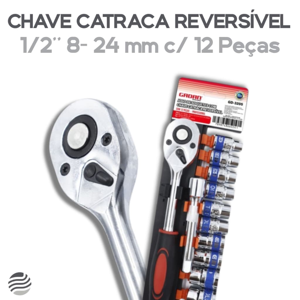 Chave Catraca Reversível 1/2” 8- 24 mm Com 12 Peças Profissional Cabo Emborrachado